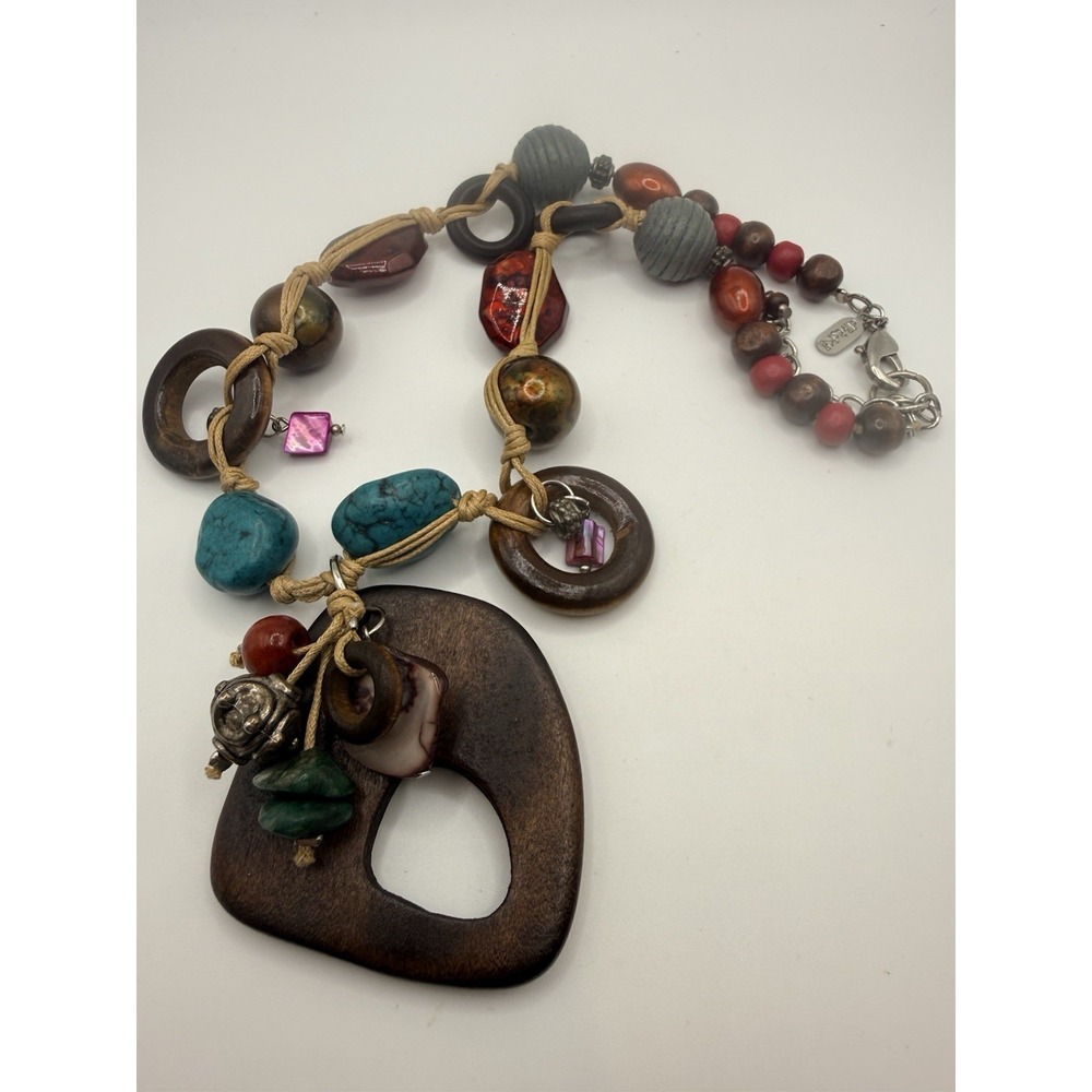 Treska Necklace Boho Statement Mixed Media Wood Faux Turquoise Bead Artsy 17-20"